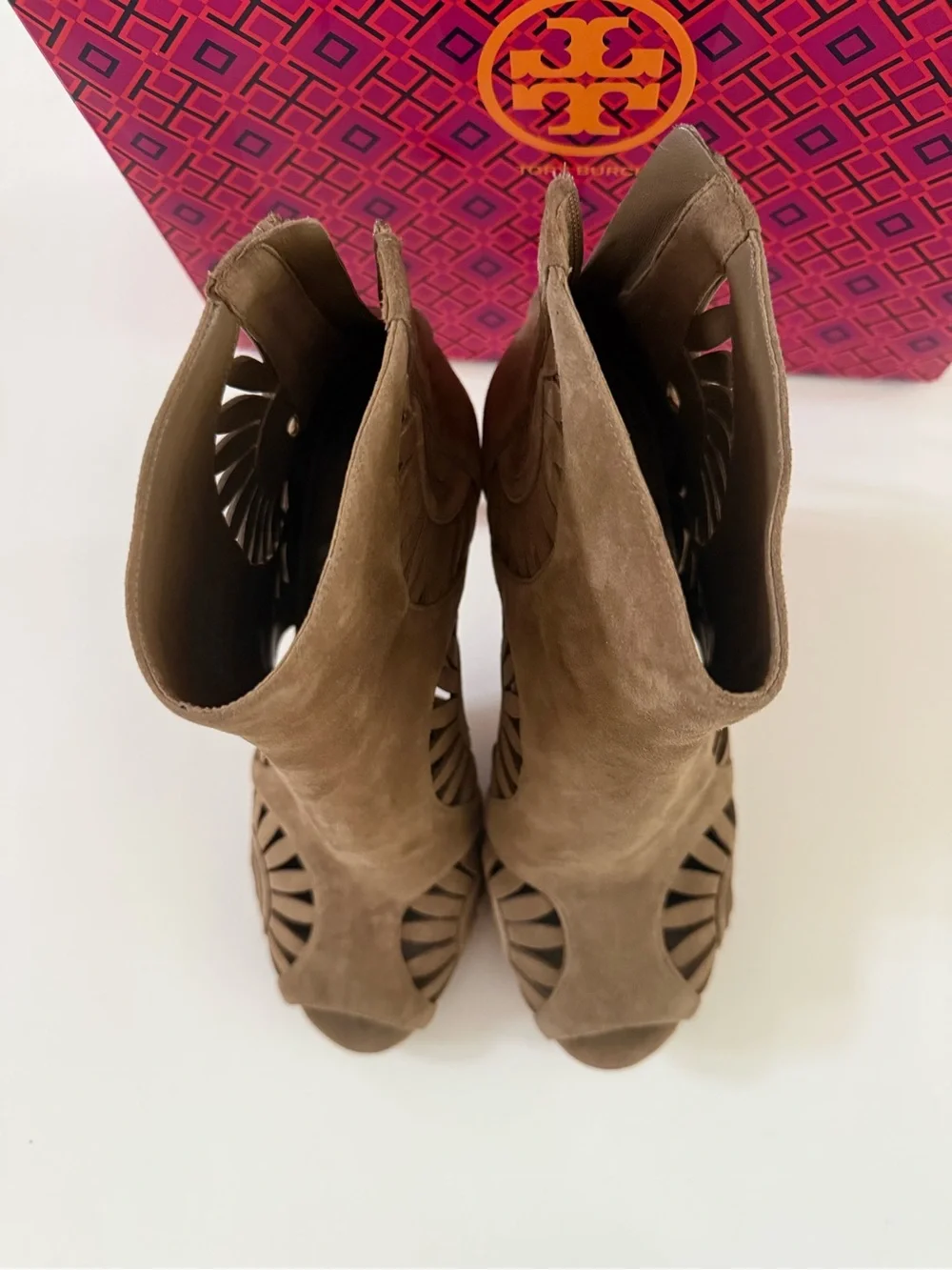 Tory Burch Taupe Suede Leyla Cutout Peep-Toe Booties 10